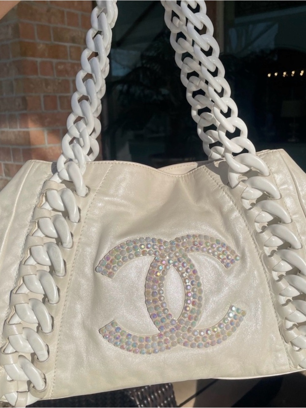 CHANEL Cream opal Shoulder Bag with Iridescent Logo & Chunky Chain Straps